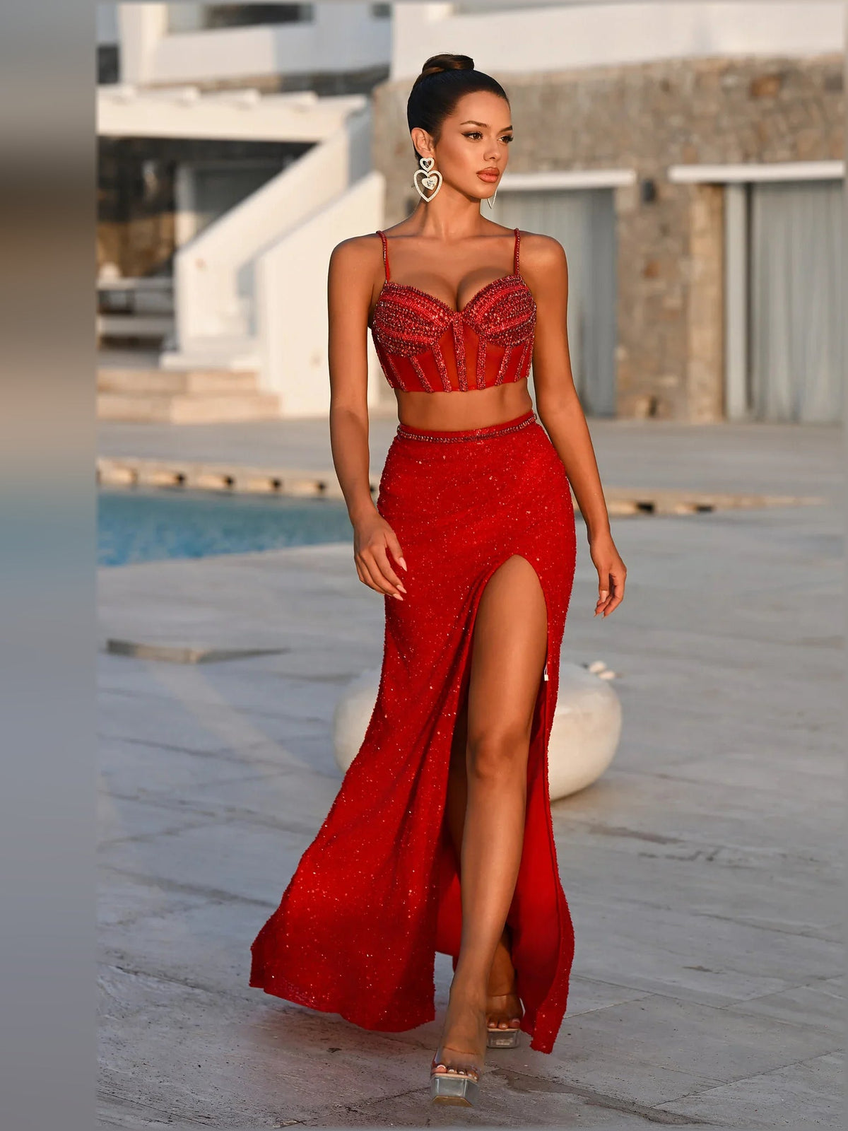 Red sequin spaghetti-strap two-piece formal dress with beaded crop top and long slit skirt