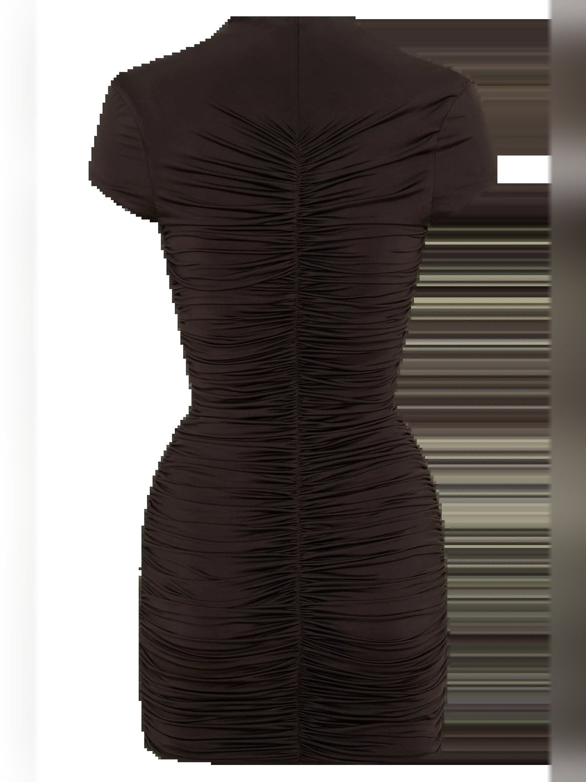 Chocolate ruched mini dress back view with vertical gathered panels