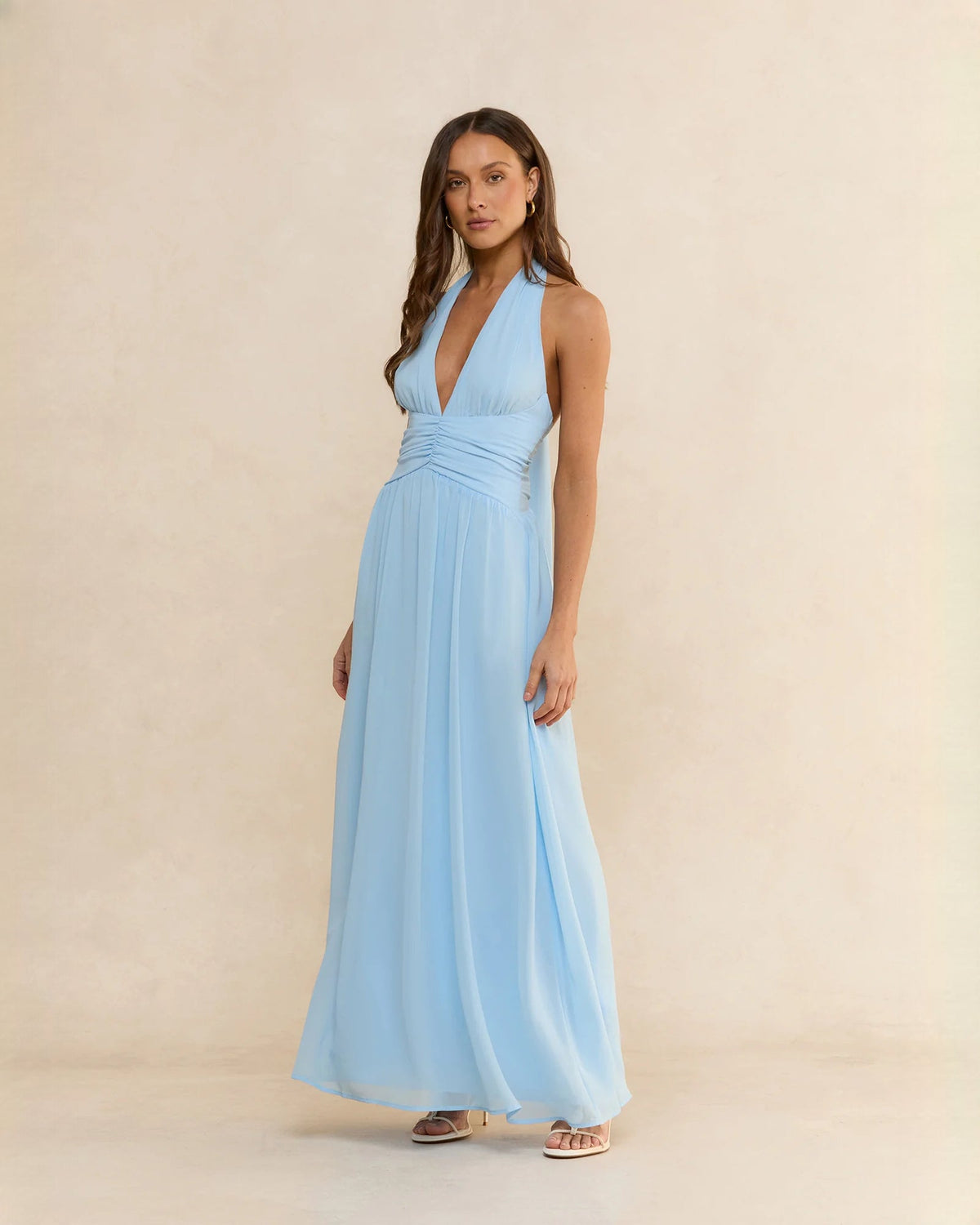 Light blue chiffon halter A-line maxi dress with sleeveless open-neck bodice