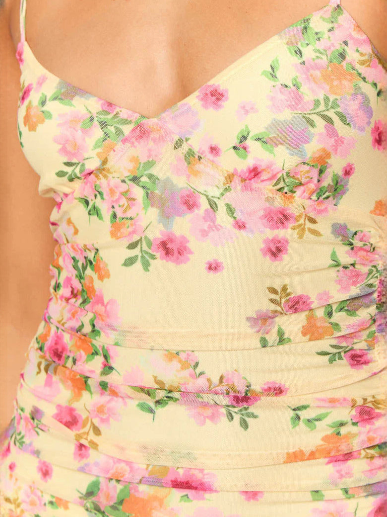 Yellow sheath maxi formal dress with floral print, alternate full-length view showing the hem