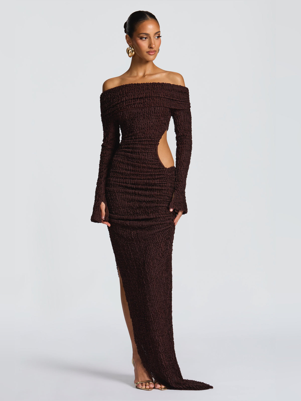 Brown midi formal dress with off-shoulder neckline and long sleeve coverage