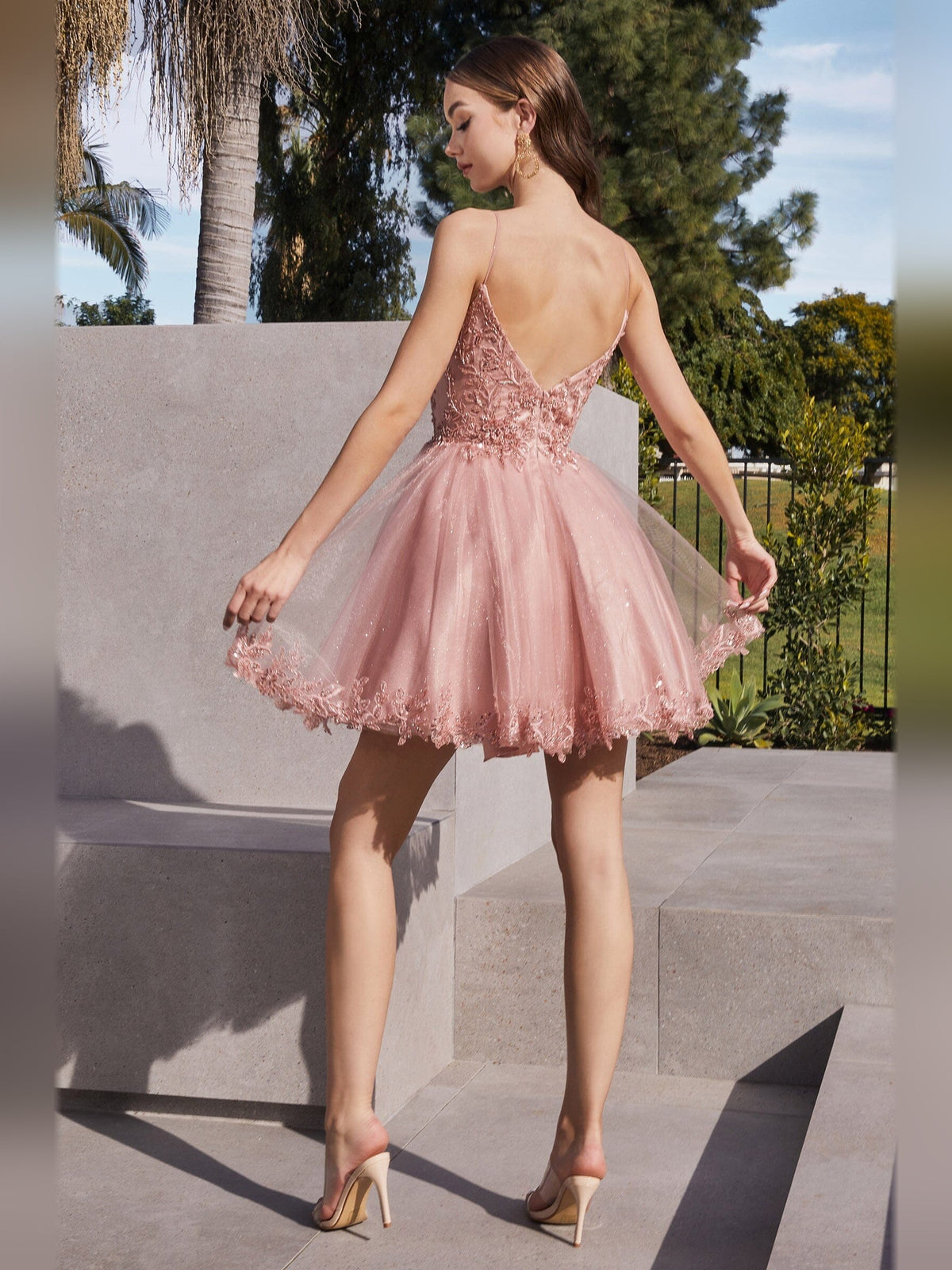 Layered beaded V-neck A-line short tulle homecoming dress, dusty rose pink, open back