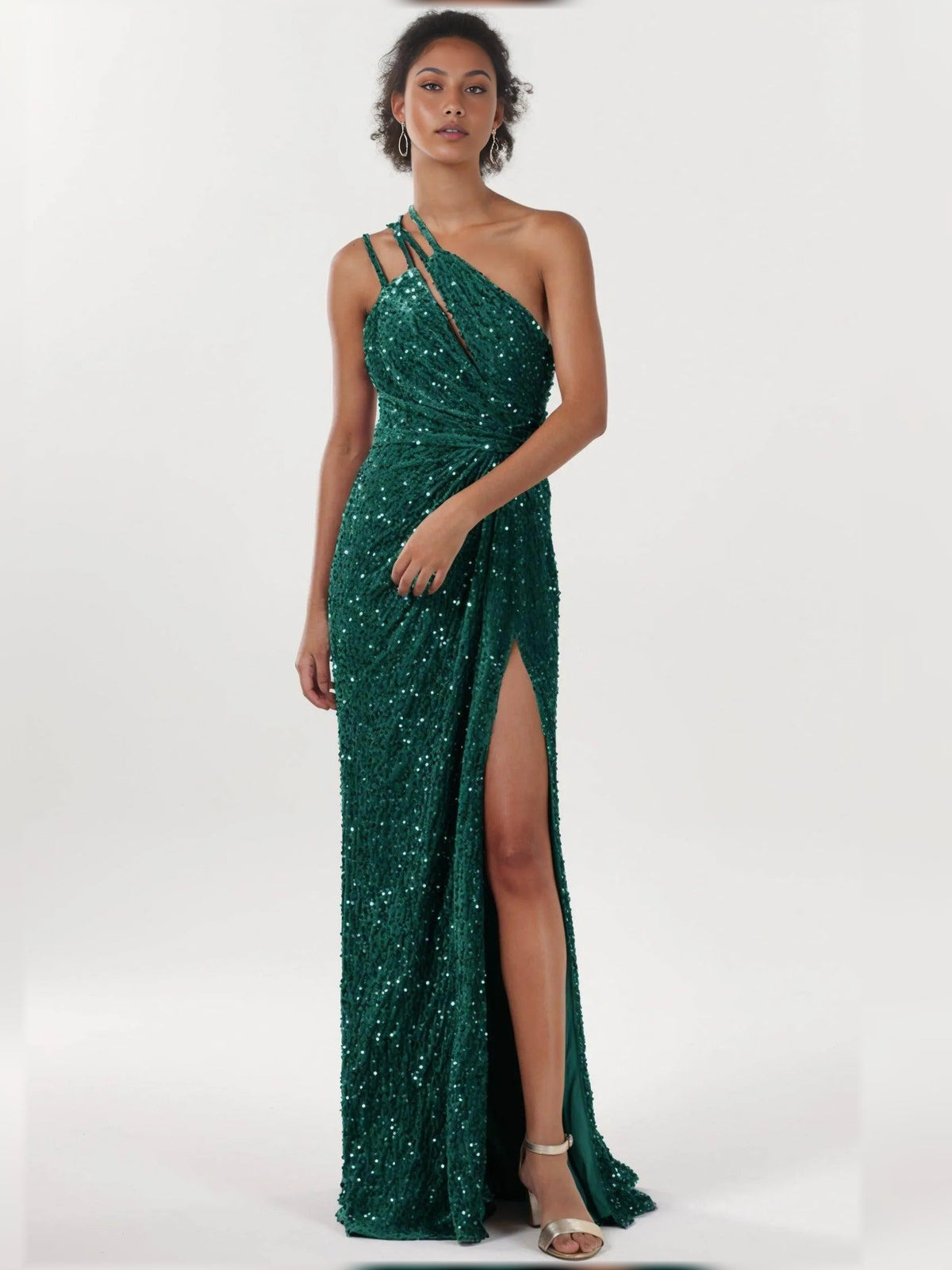Emerald green one-shoulder sequin slit sheath formal dress with ruching