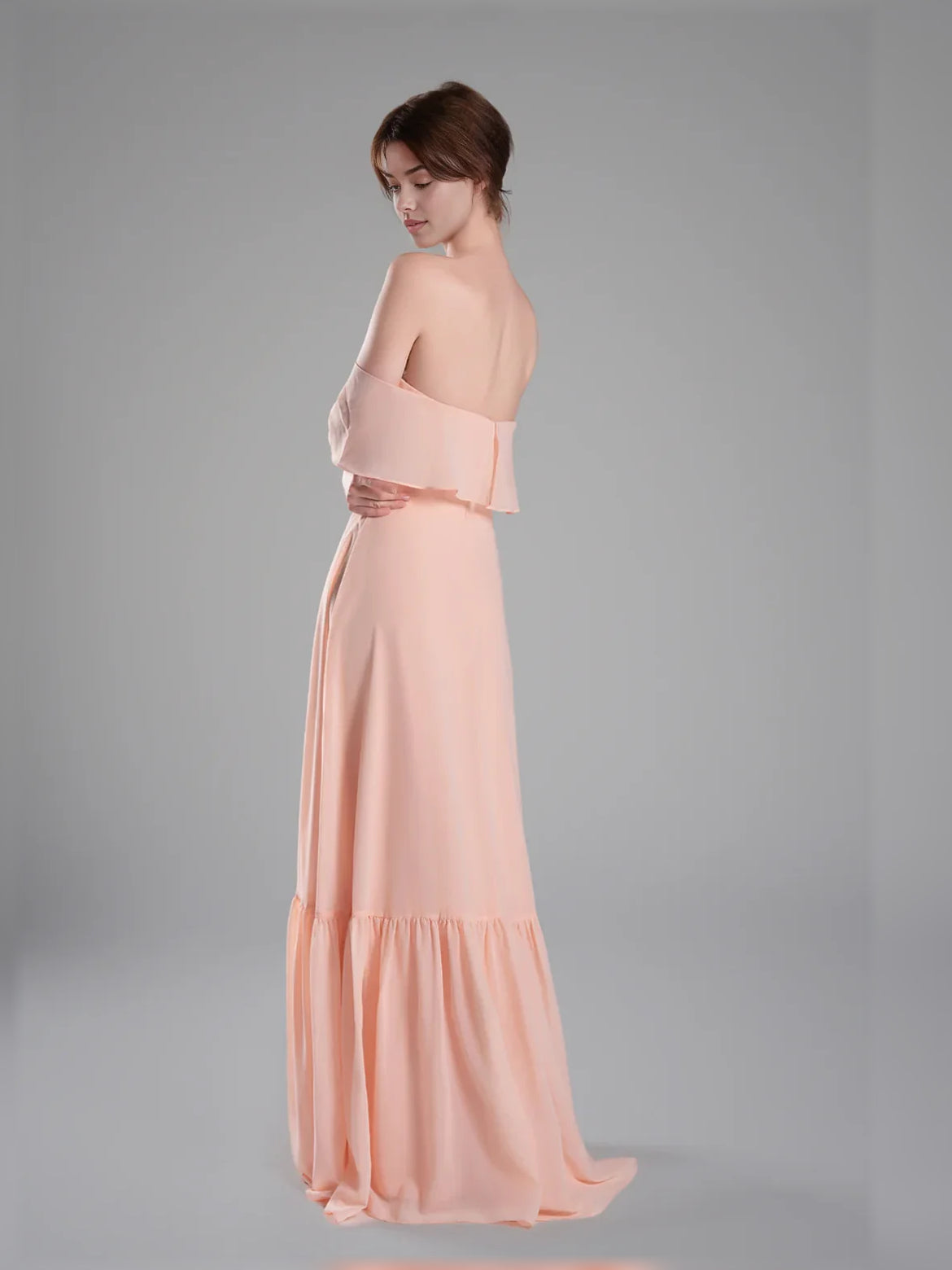 Apricot off-shoulder chiffon A-line dress with tiered ruffle hem and flowing floor length