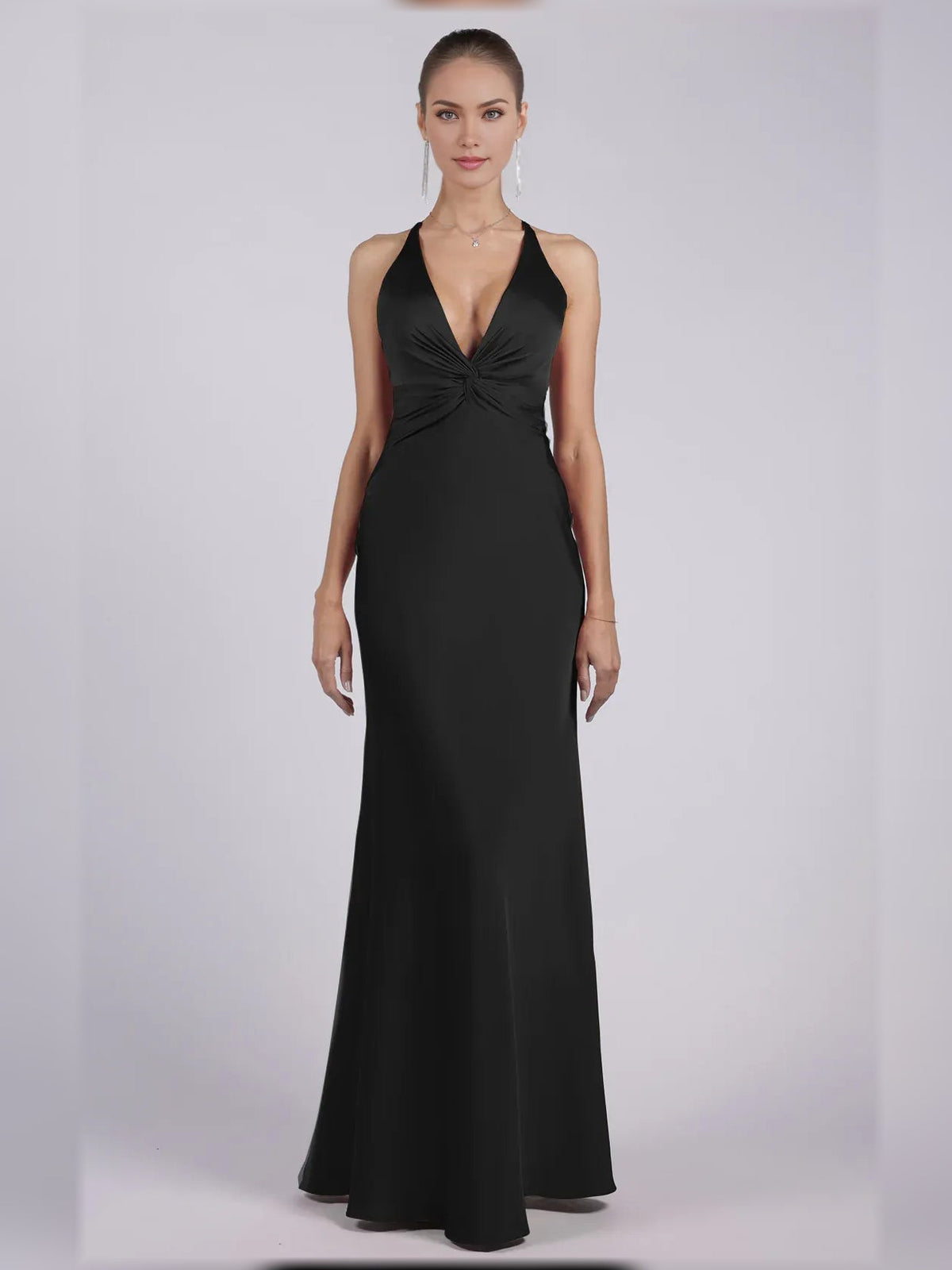 Black halter neck satin sheath formal dress with twist front, floor-length