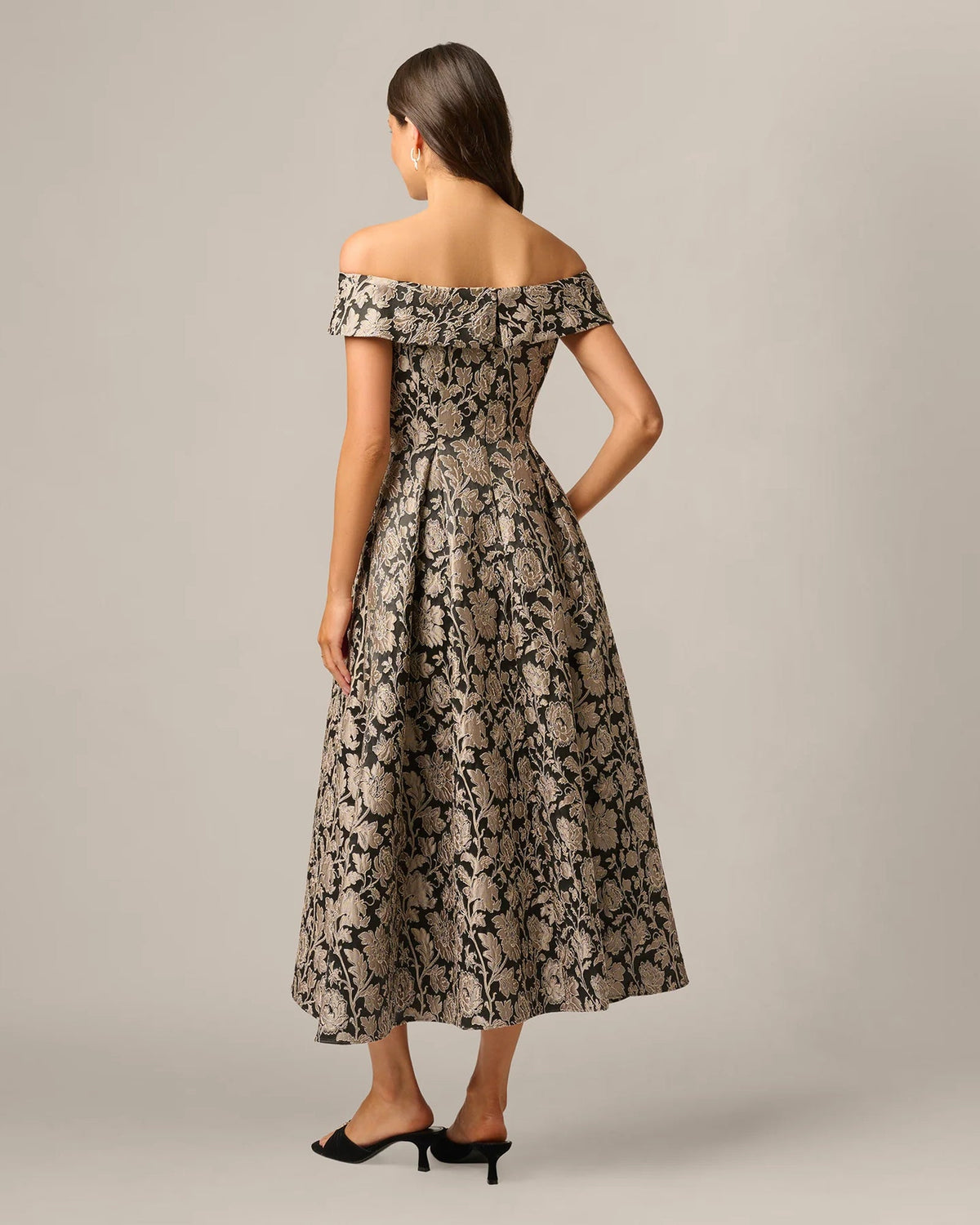 Off-shoulder A-line maxi dress, back view with black-and-taupe floral embroidery