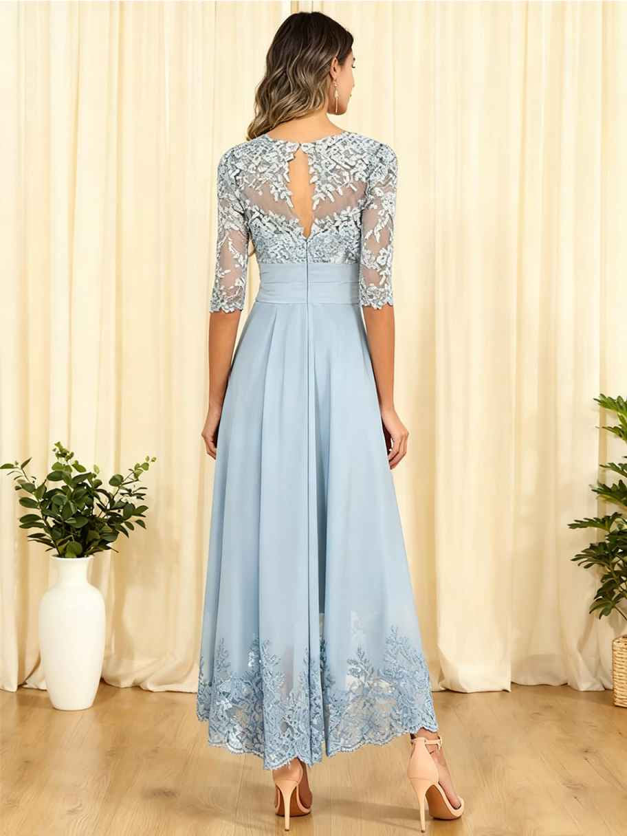 Dusty blue pleated chiffon A-line dress with V-back lace overlay and three-quarter sleeves