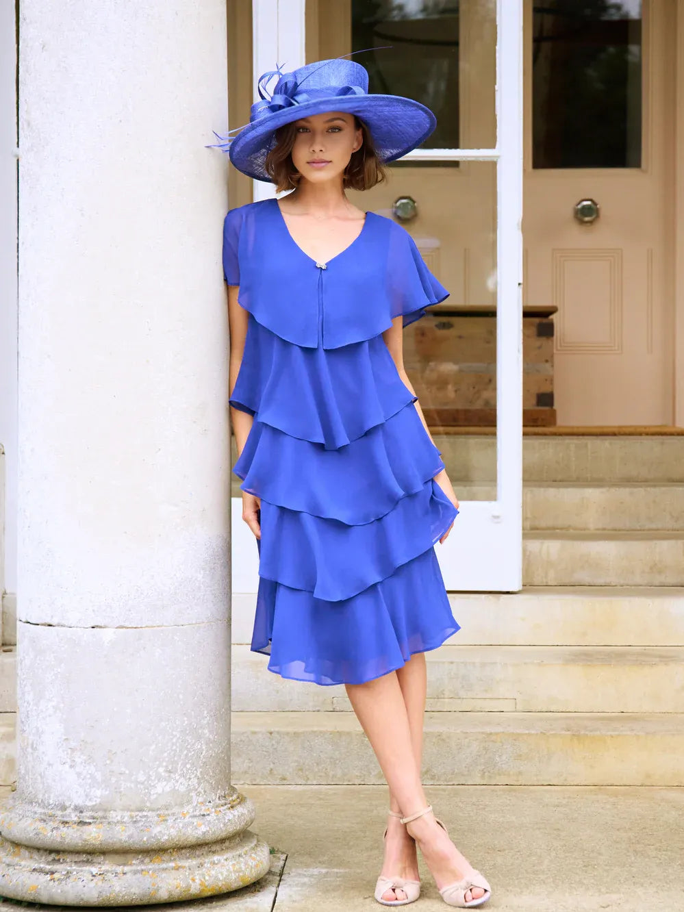 Cobalt blue V-neck tiered chiffon knee-length dress with layered ruffles and flutter sleeves
