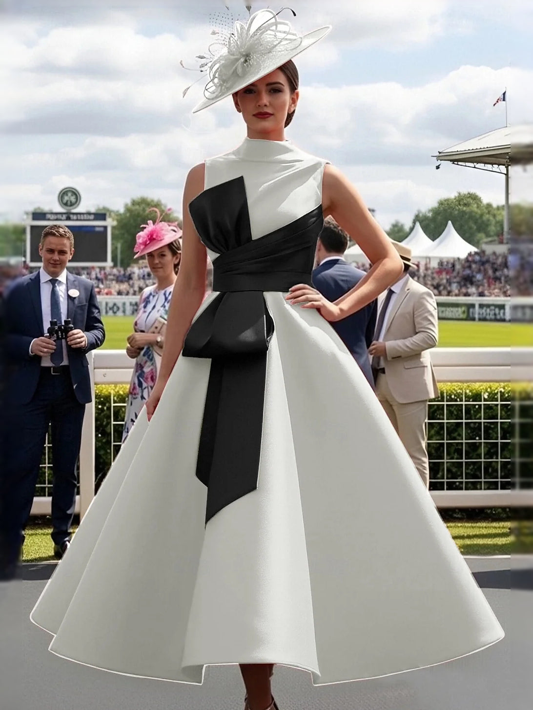 White satin A-line midi prom dress with high neck and black diagonal waist sash