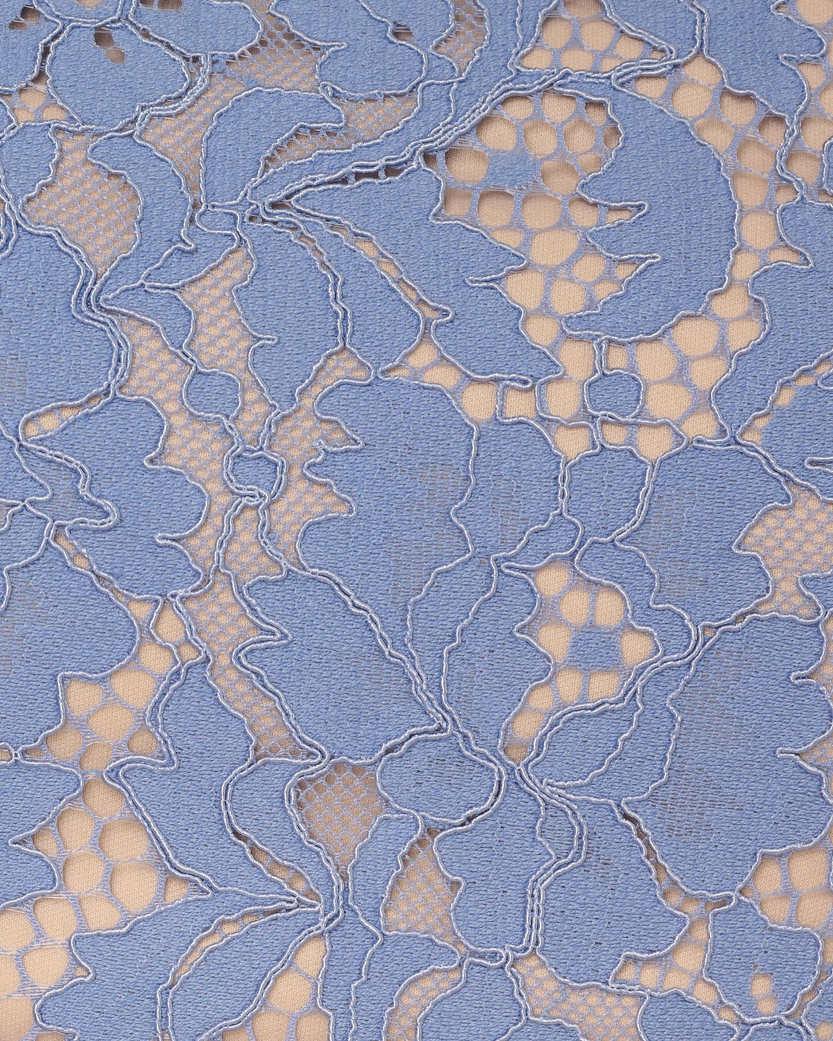 Blue floral lace fabric with open-knit pattern and scalloped edging