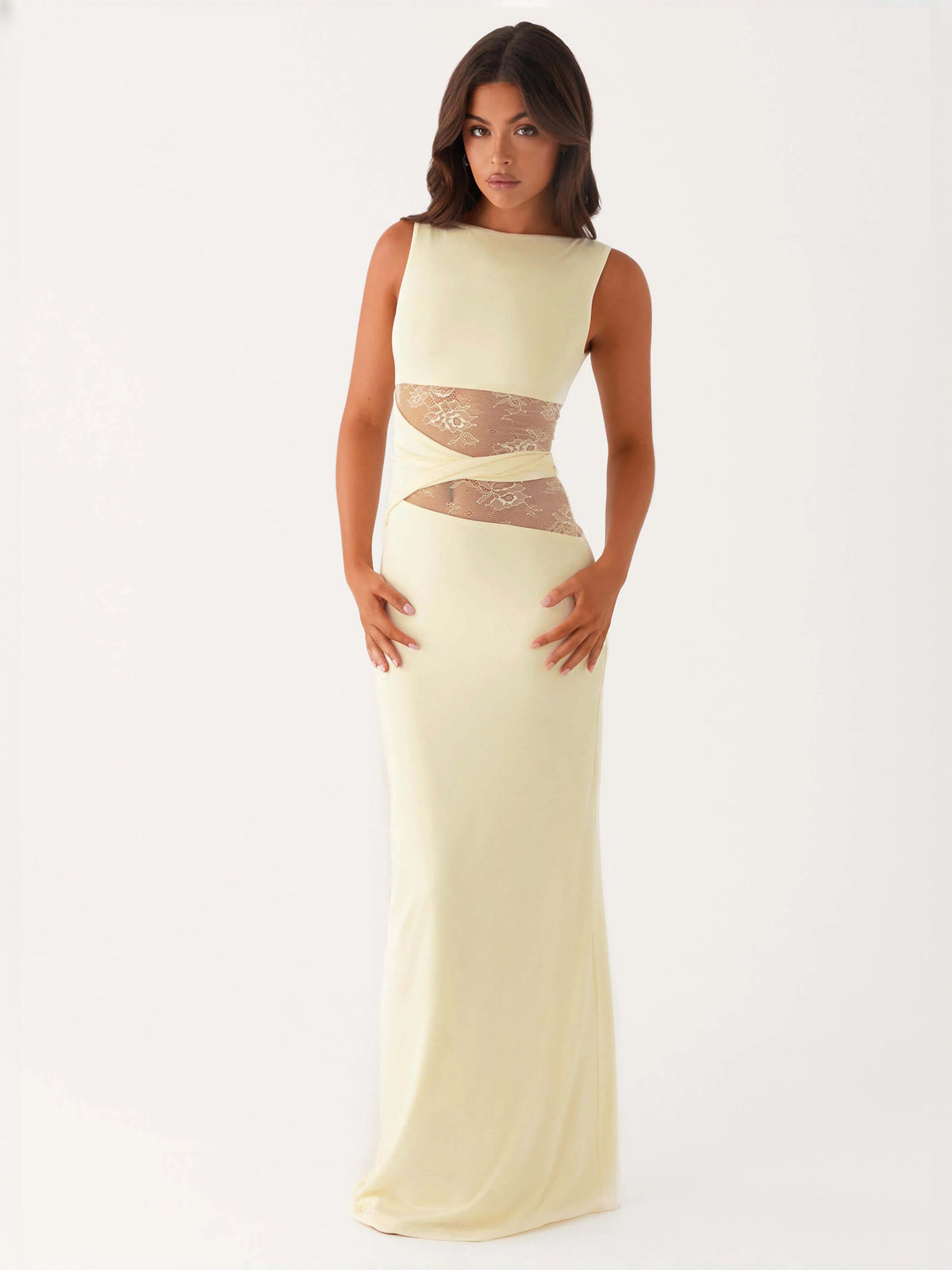 Yellow sheath maxi formal dress with cutout detail, alternate full-length view showing the hem