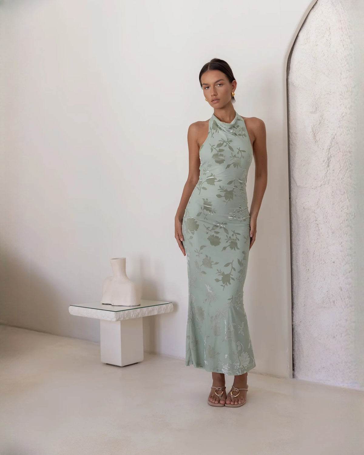 Dusty sage floral sleeveless halter A-line ankle-length maxi dress, front view