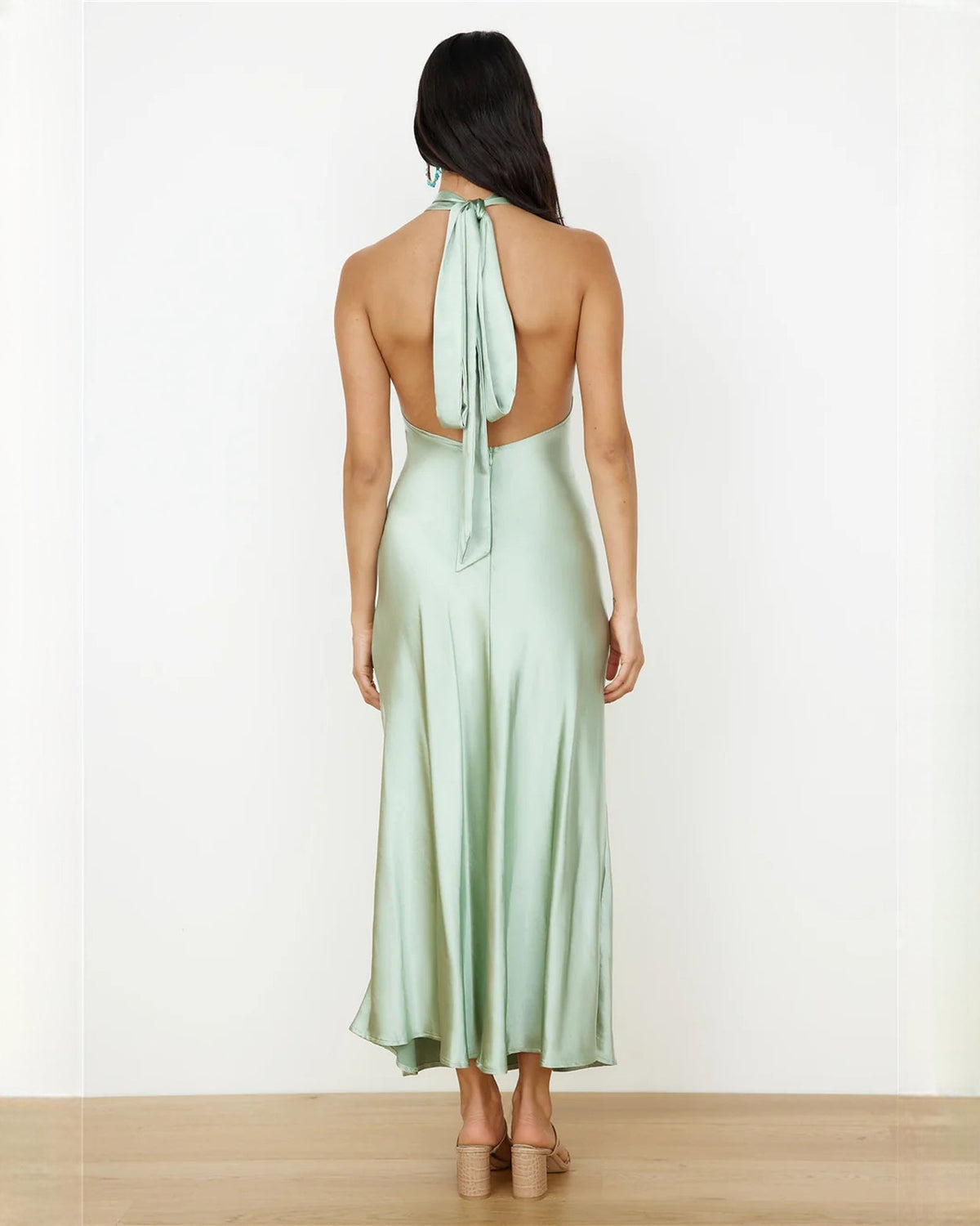 Mint green satin halter maxi dress, open-back with crossed straps and full skirt