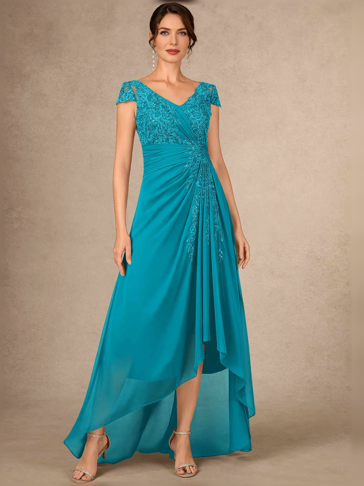 Teal ruched V-neck chiffon mother-of-the-bride dress with floral sequin bodice and high-low hem