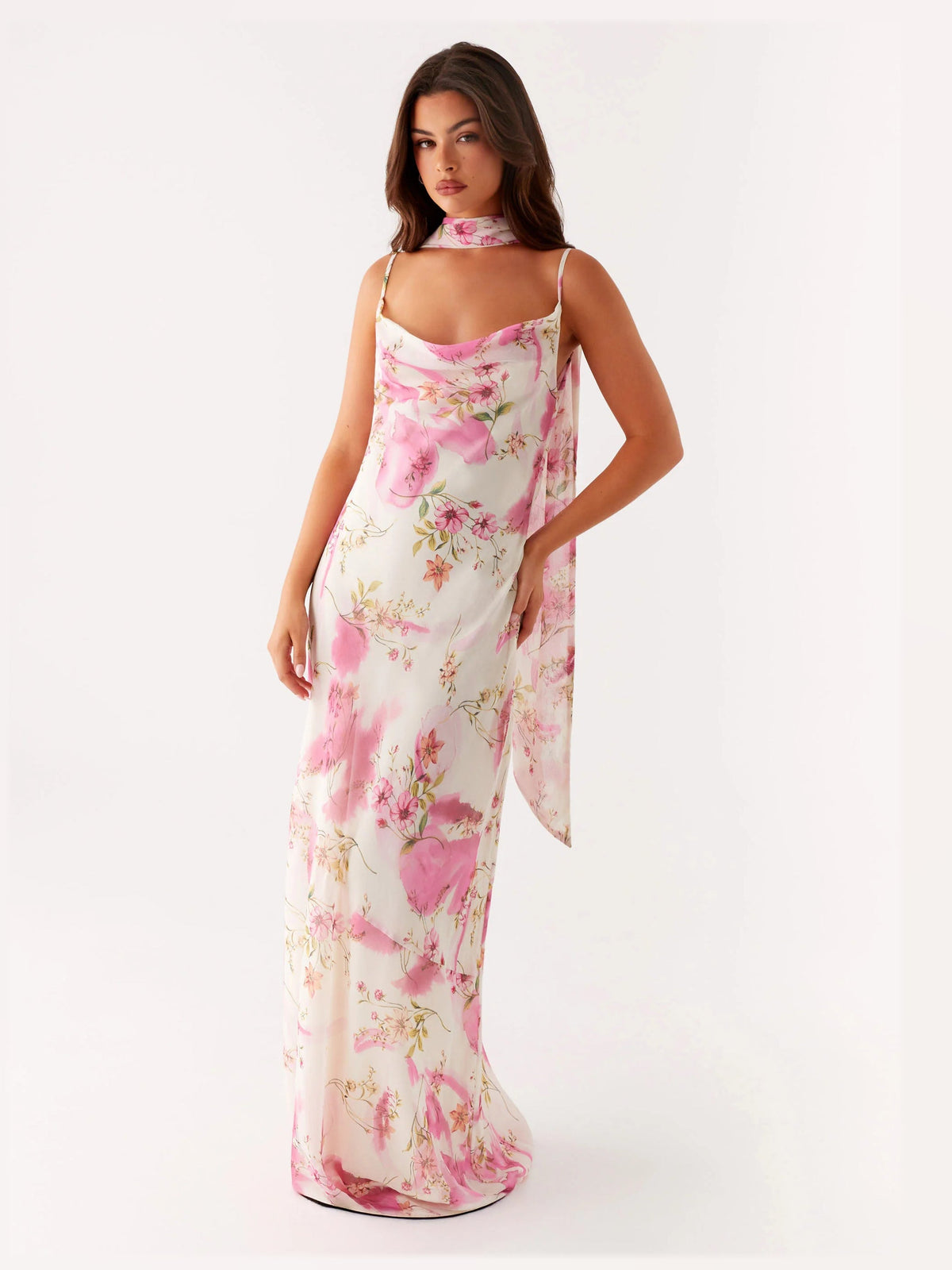 Ivory Floral maxi formal dress, alternate full-length view showing the overall shape