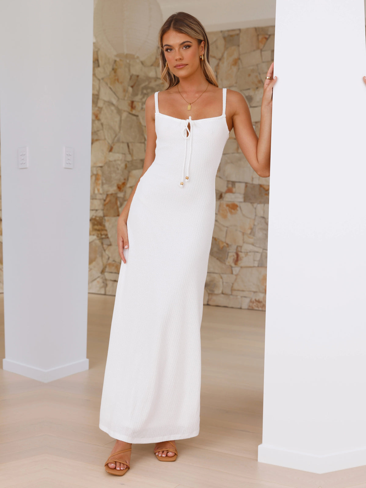 White sheath maxi formal dress with square neckline, alternate view showing the hem