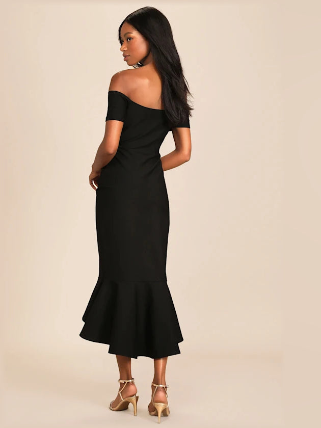 Off-shoulder midi formal dress in black, fitted back with short sleeves and flared hem
