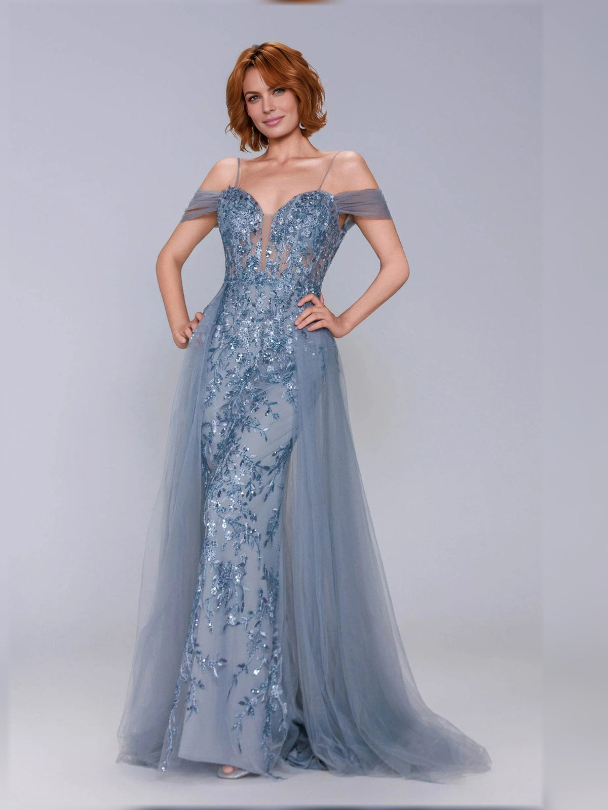 Dusty blue off-shoulder corset formal gown with shimmer sequins and floor-length tulle