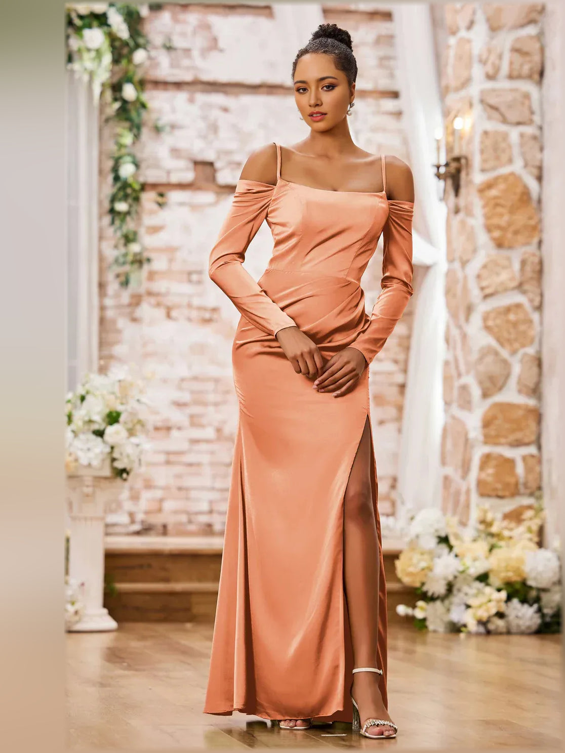 Peach orange off-shoulder long-sleeve floor-length dress with ruching and slit