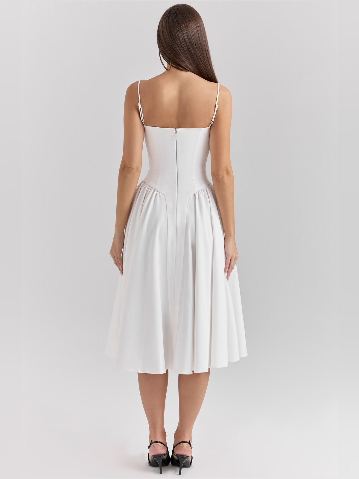 White corset midi formal dress with low back and pleated waist detail