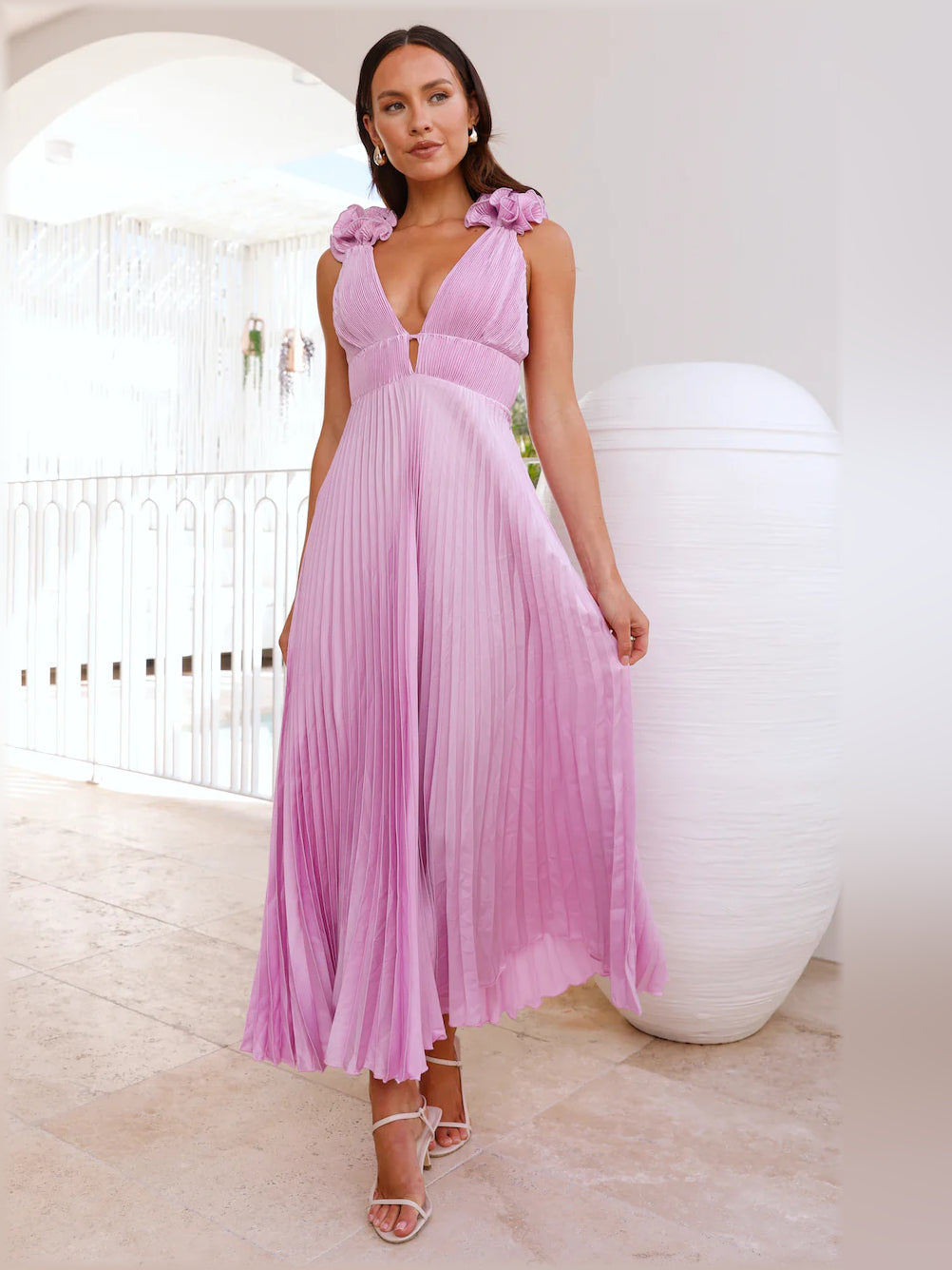 Lilac satin midi formal dress with pleated skirt and ruffled cap sleeves