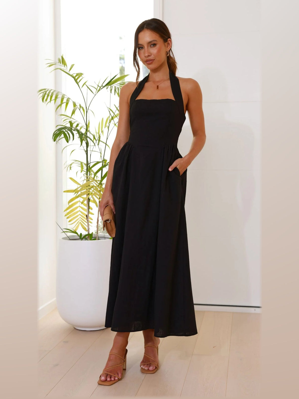 Black midi formal dress, alternate full-length view showing the overall shape