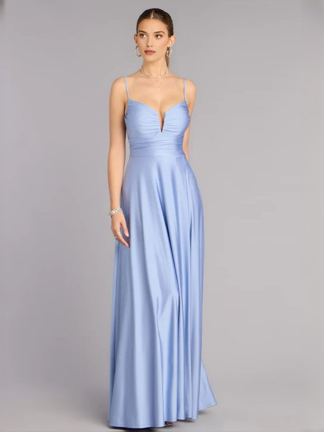 Blue V-neck A-line prom dress with spaghetti straps and thigh slit