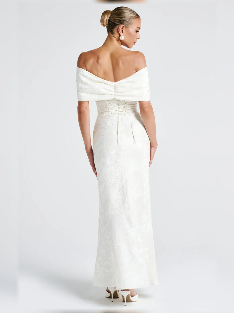 Ivory off-the-shoulder corset mermaid floor-length formal dress, back view