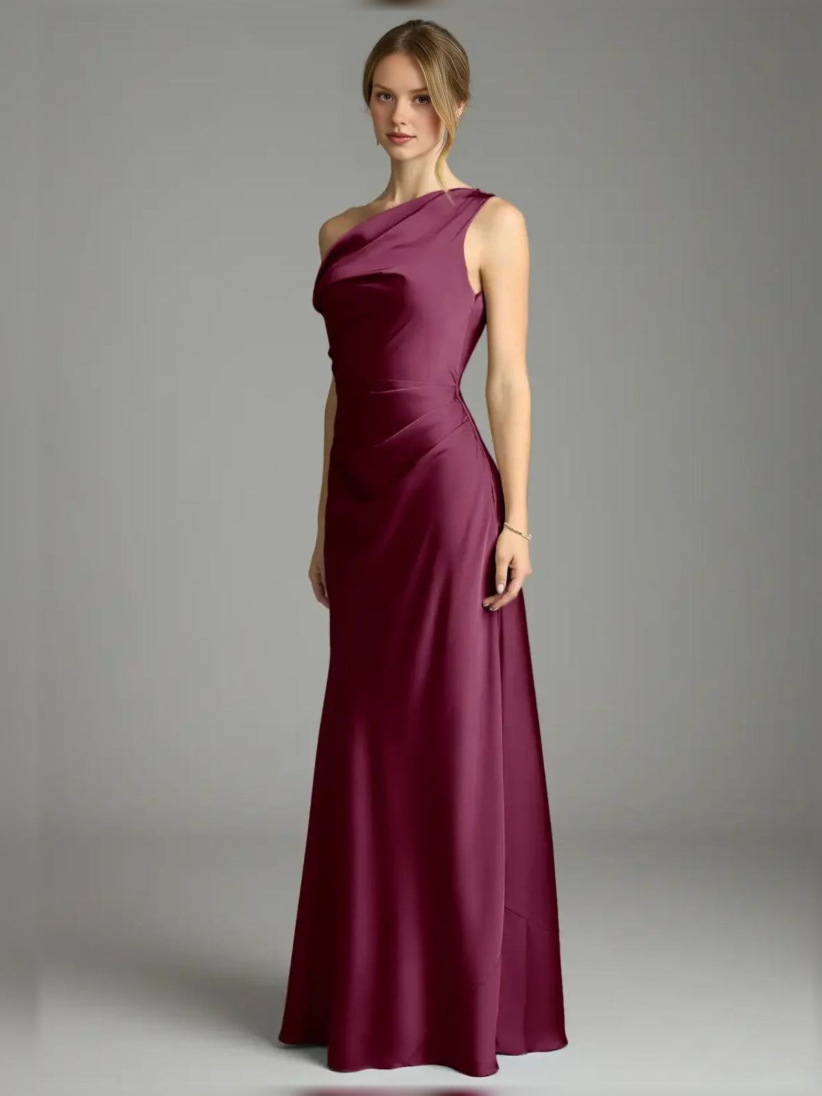 Wine satin off-shoulder mermaid gown with pleated drape, sleeveless, floor length