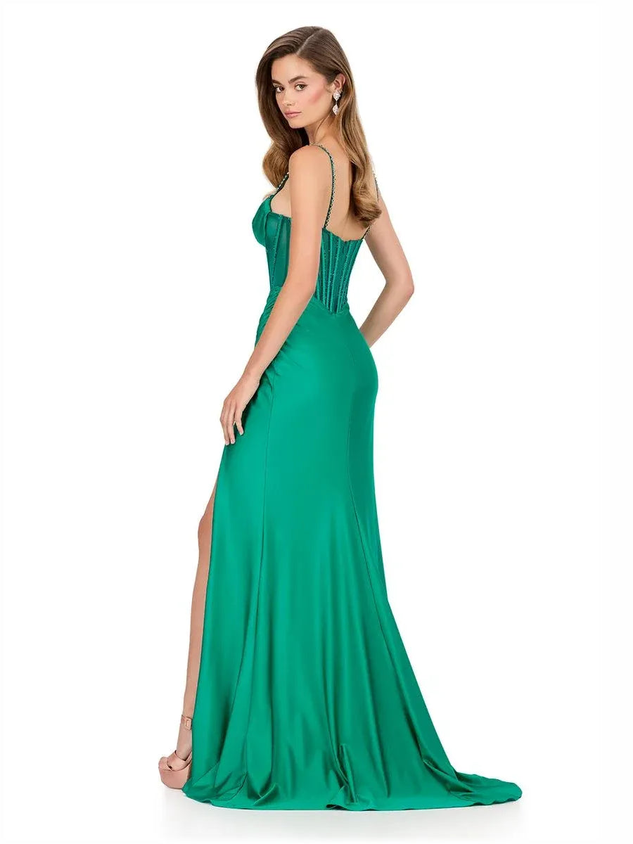 Green sweetheart corset mermaid formal dress with spaghetti straps and front slit