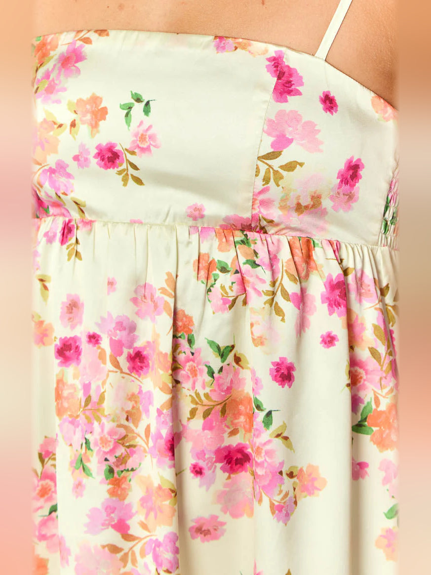 Floral cream satin bodice with smocked panel and ruffle trim
