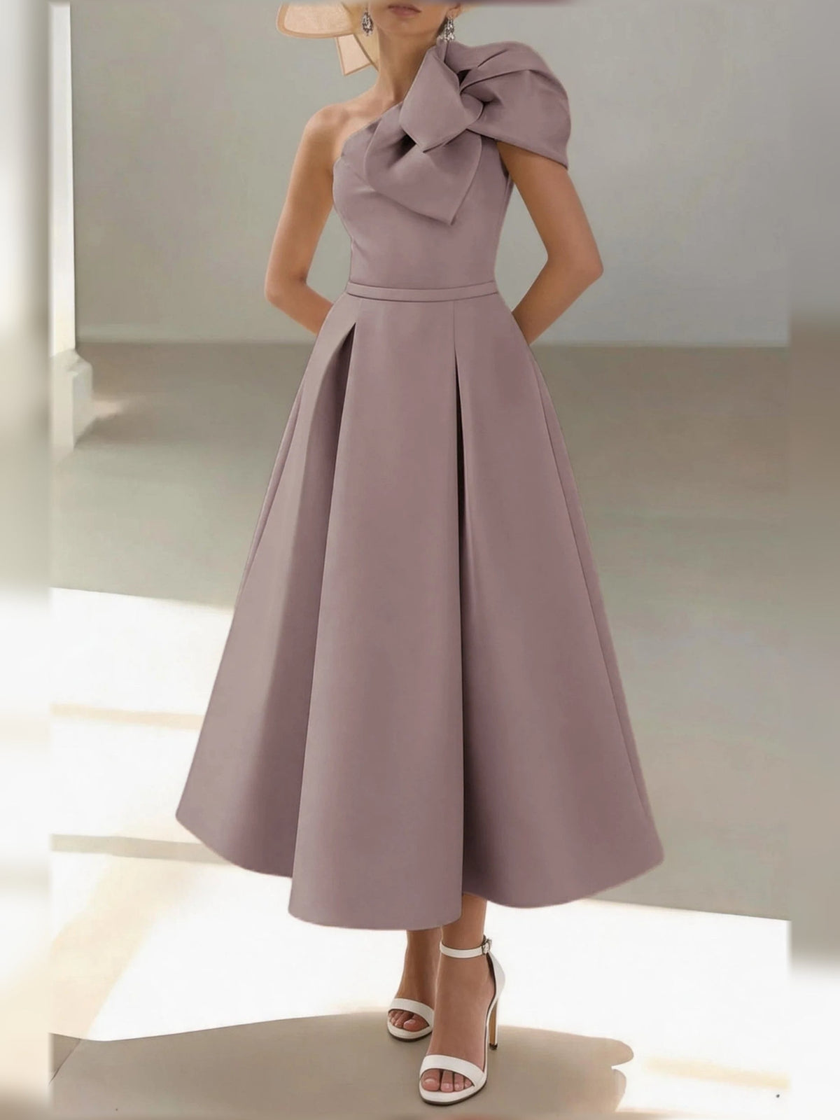 Mauve one-shoulder satin A-line midi dress with pleated waist and draped bow