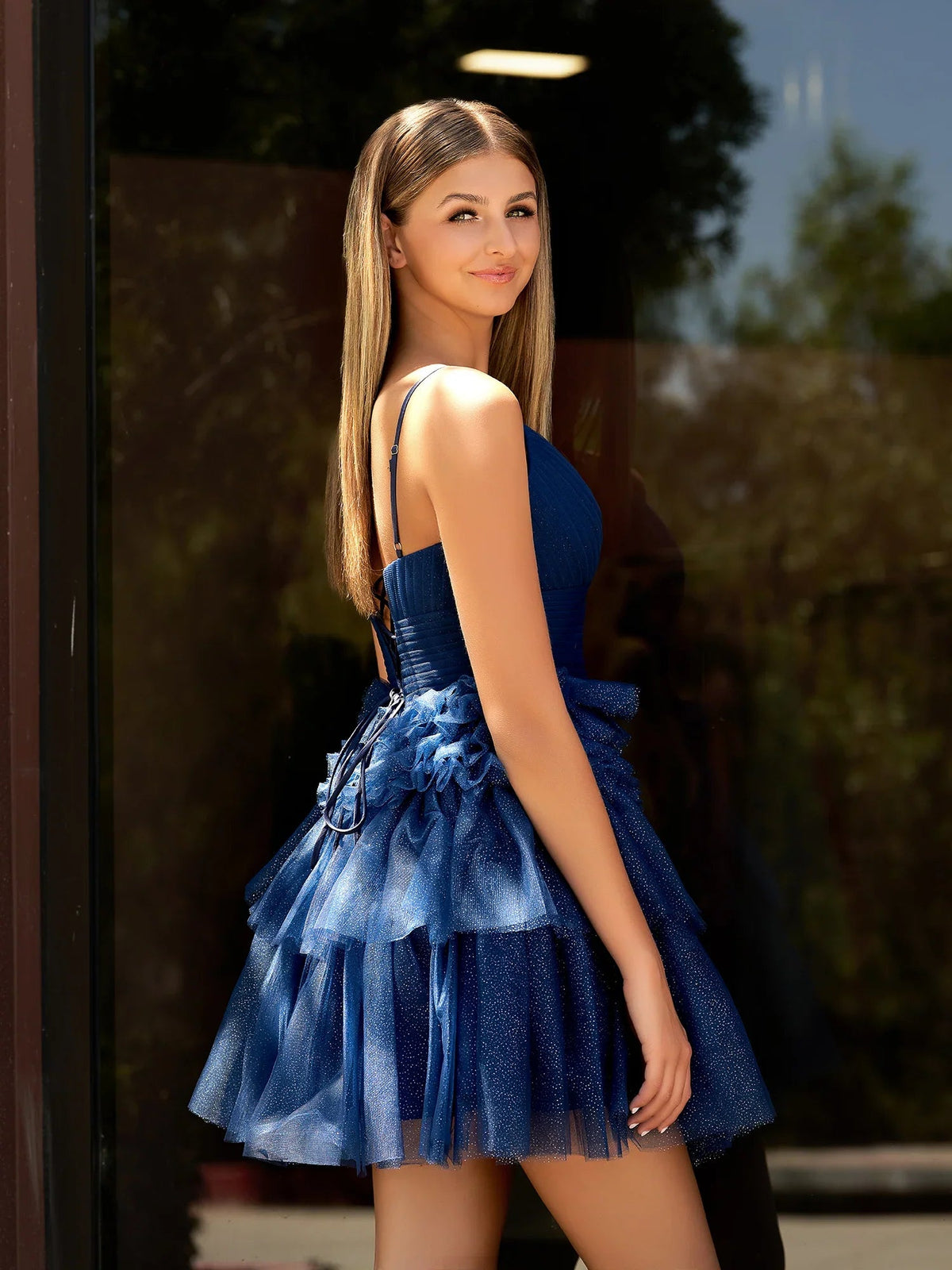 Navy blue mini tulle dress, V-neck, spaghetti straps, tiered ruffle skirt