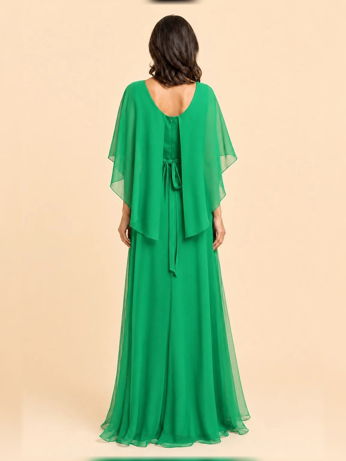 Forest green floor-length pleated A-line dress with draped cape back