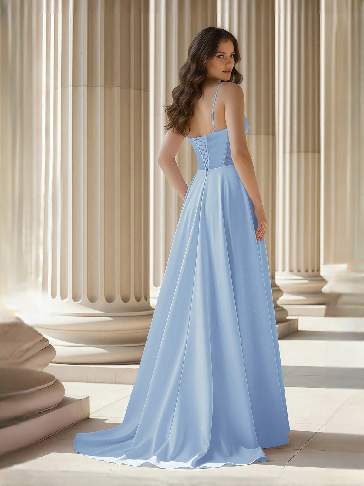 Light blue sweetheart corset A-line satin prom dress with thin straps, flowing floor length
