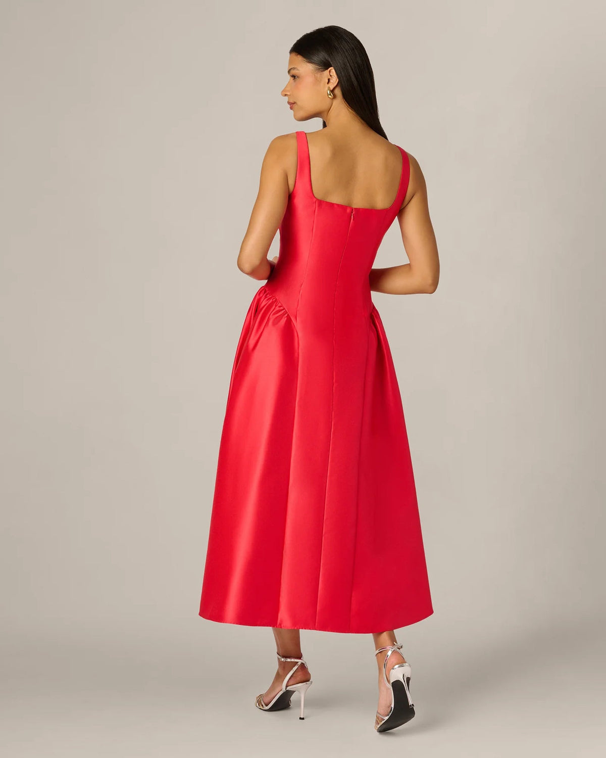 Coral red midi fit-and-flare dress with square back and pleated skirt