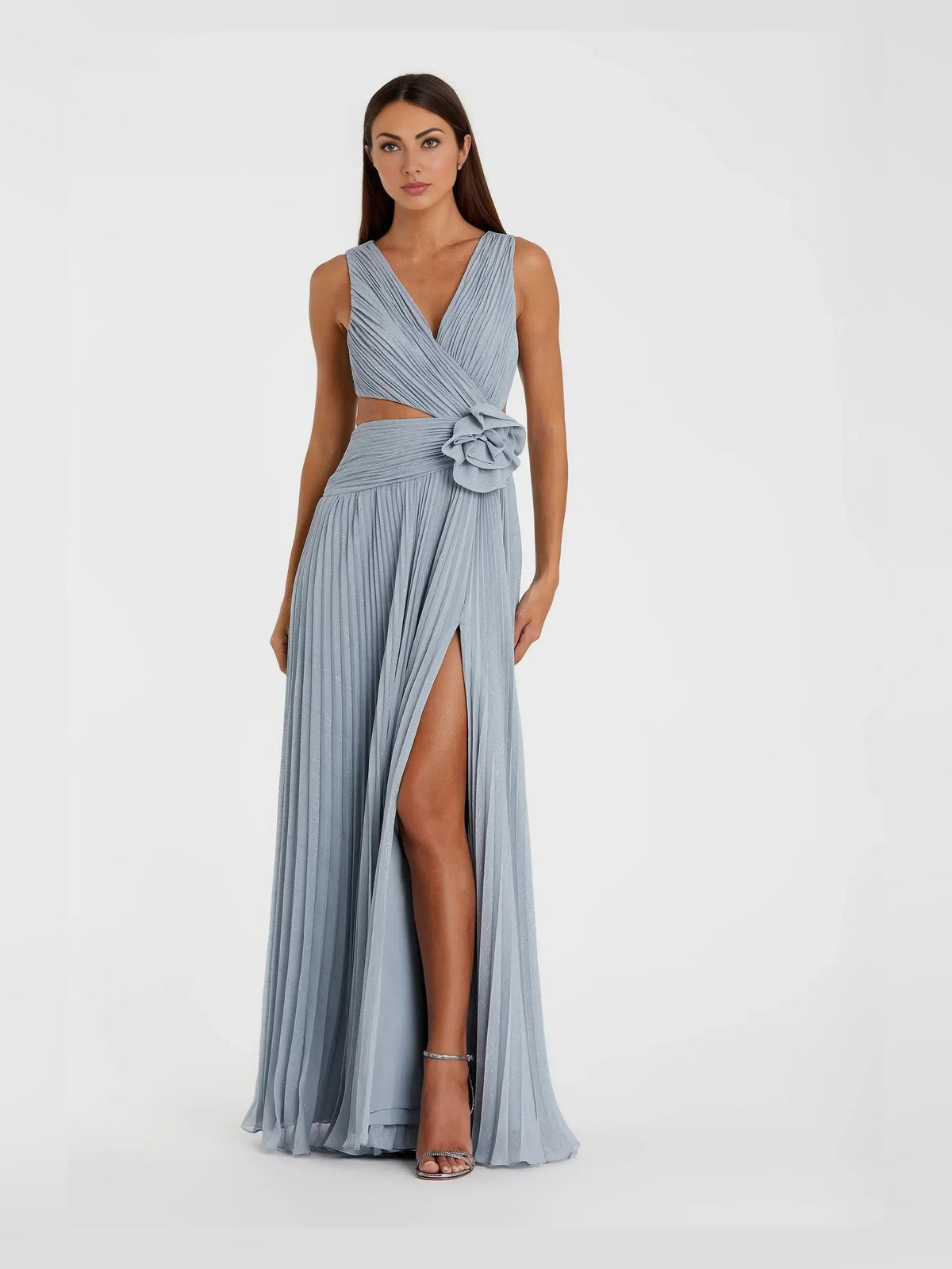 Dusty blue pleated A-line maxi prom dress with V-neck, side slit, and waist rosette