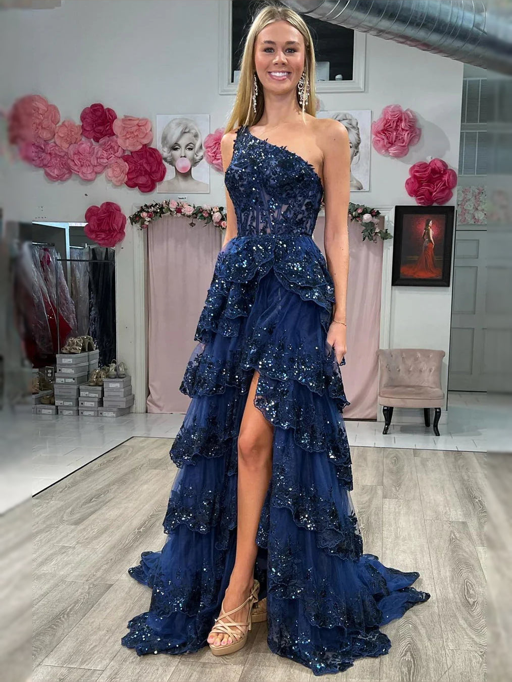 Dark navy one-shoulder corset maxi prom dress with tiered tulle skirt and front slit