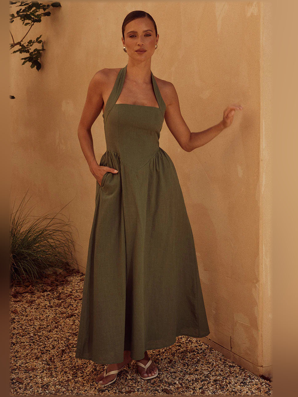Khaki midi formal dress with square halter neckline and gathered waist skirt