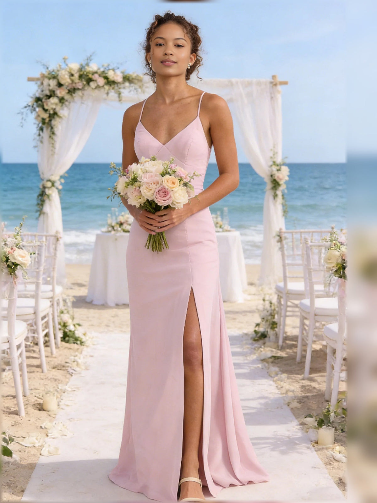 Pink V-neck maxi chiffon bridesmaid dress with spaghetti straps and front slit, side view.