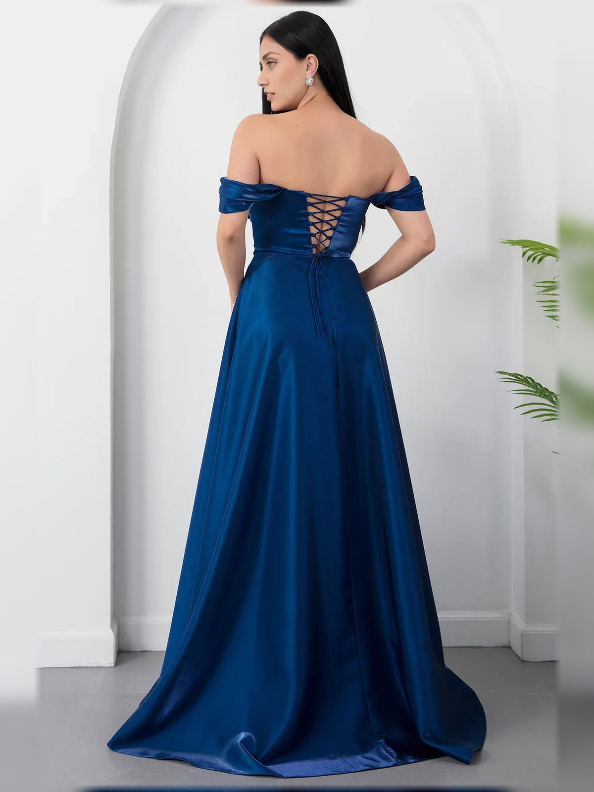 Dark blue off-shoulder corset formal dress with crisscross back, floor-length