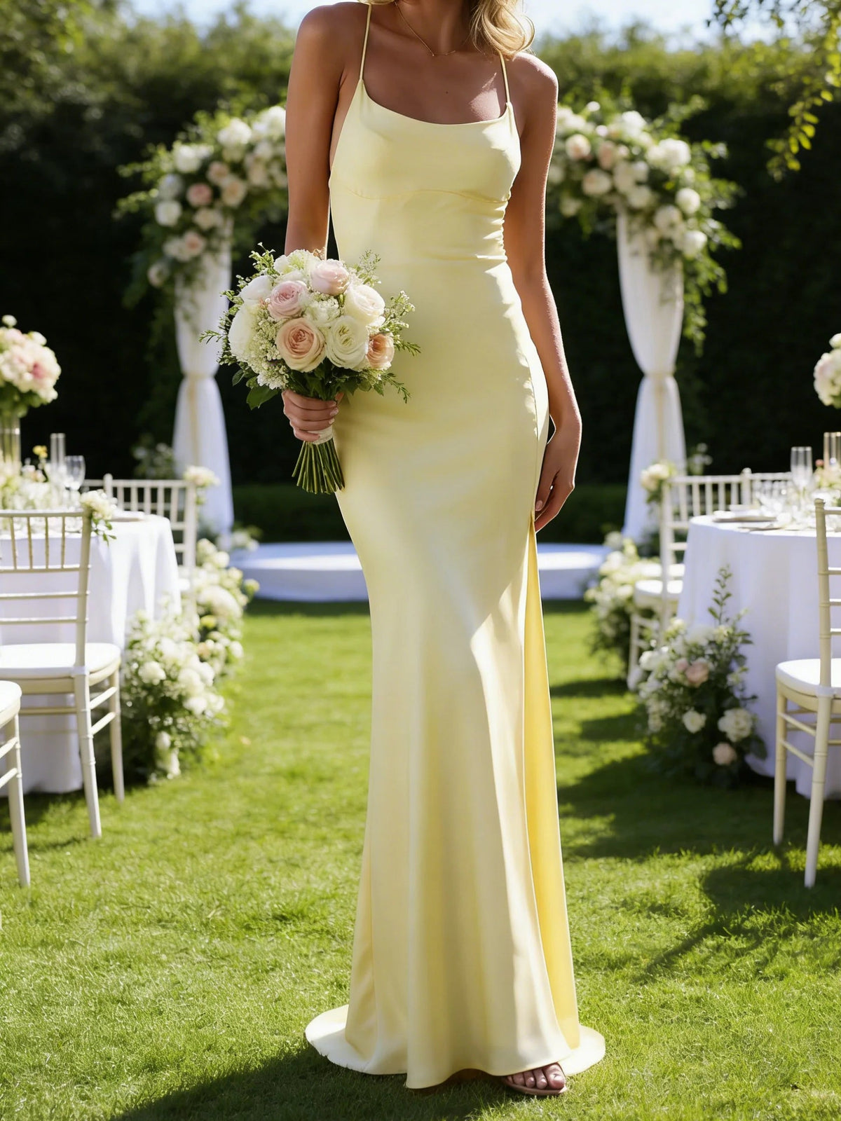 Lemon yellow satin mermaid maxi dress with spaghetti straps and side slit