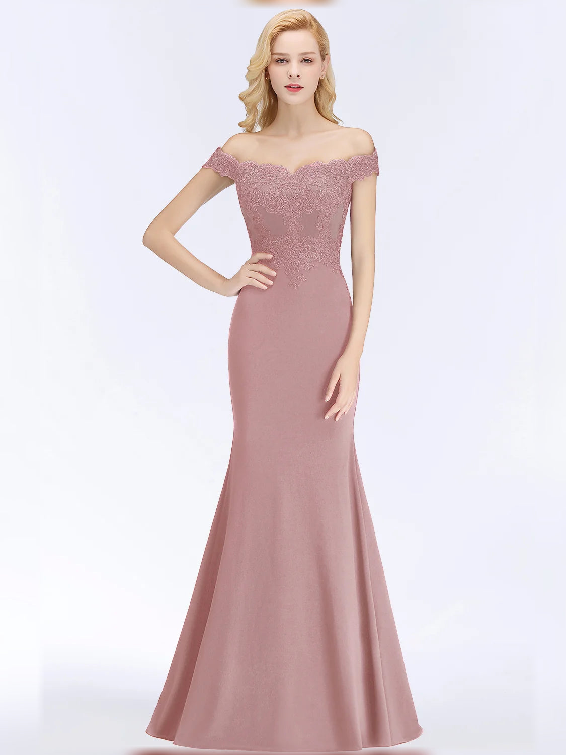 Dusty rose off-shoulder mermaid satin dress with lace bodice, floor-length front