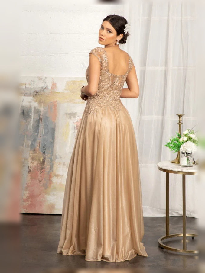Champagne-gold beaded V-neck A-line floor-length dress with cap sleeves and satin skirt