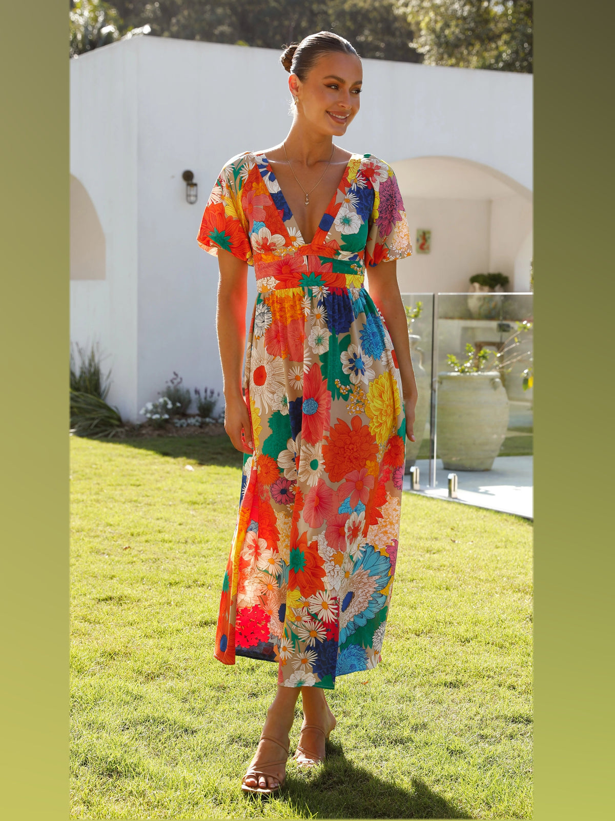 Orange Blue Pink Floral midi formal dress, alternate full-length view showing the overall shape