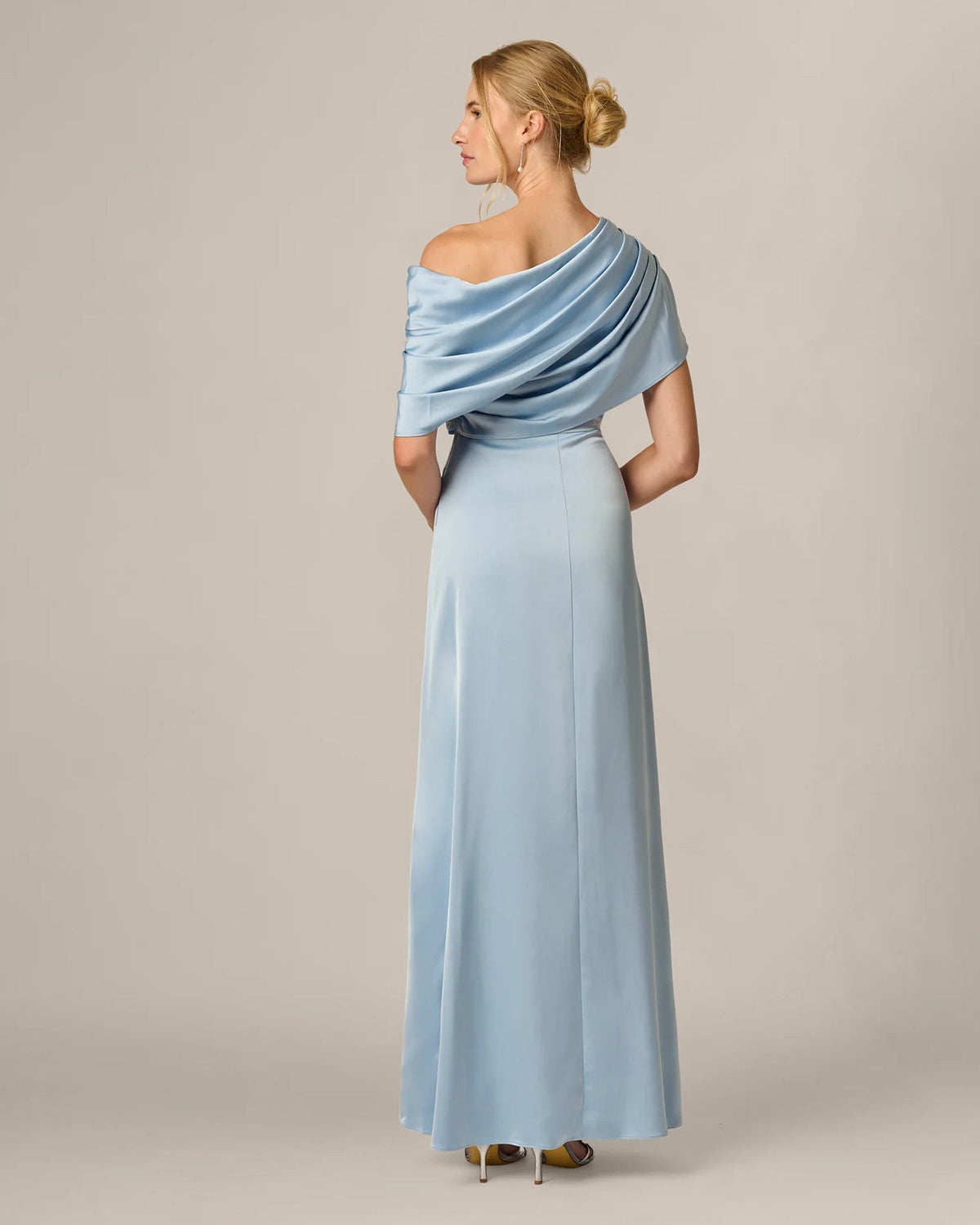 Powder blue draped one-shoulder maxi dress viewed from the back