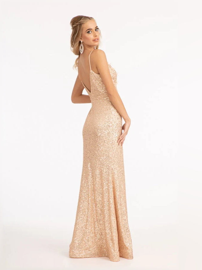 Champagne rose-gold V-neck spaghetti-strap floor-length sequin gown with side slit
