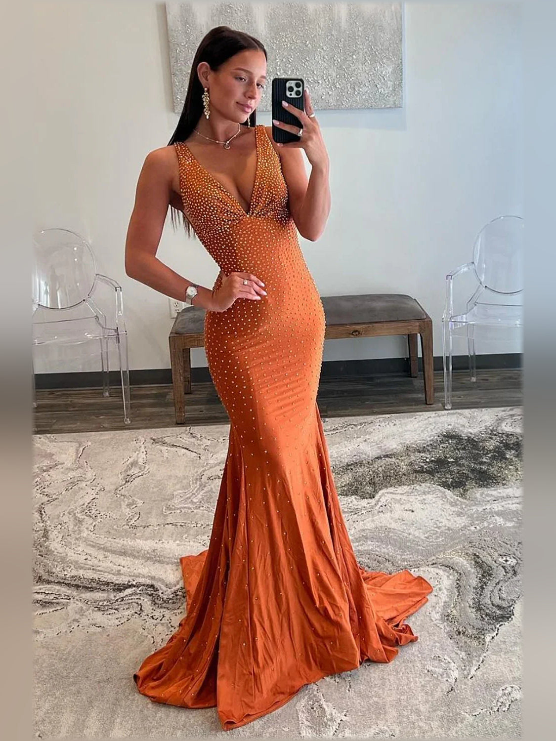Rust V-neck beaded mermaid maxi formal dress with fishtail flare at the hem