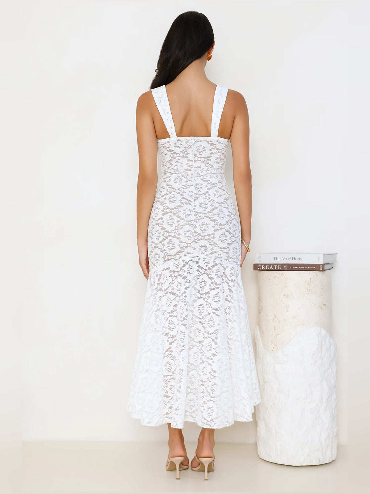 White lace midi formal dress with open square back and scalloped lace skirt