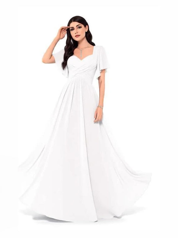 White sweetheart A-line chiffon bridesmaid dress with flutter sleeves